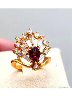 14k HGE Plated Ring Genuine Garnet & Rhinestones Size 5